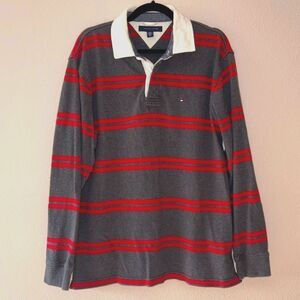 Tommy Hilfiger gray and red rugby shirt sz L